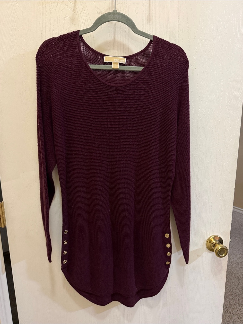 Michael Kors Plum Ribbed Long-Sleeve Tunic Sweater with Gold Buttons